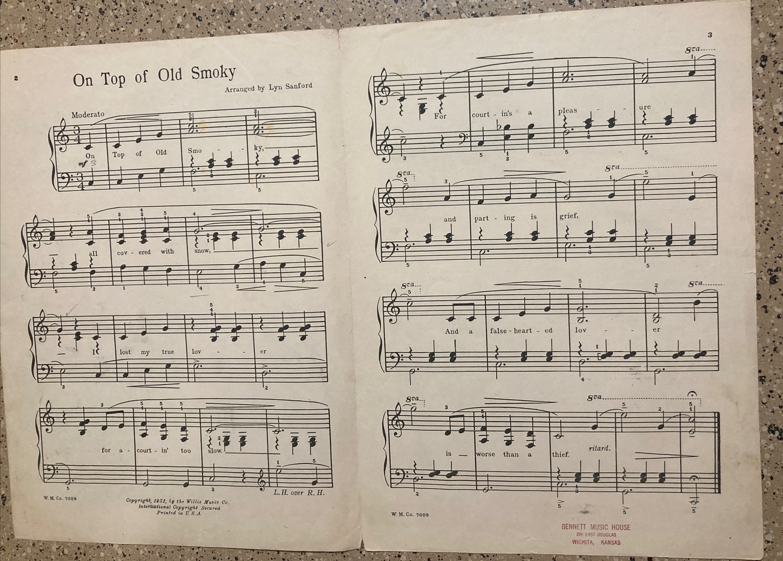 VINTAGE SHEET MUSIC 1951 ON TOP OF OLD SMOKY PIANO SOLO LYN SANFORD