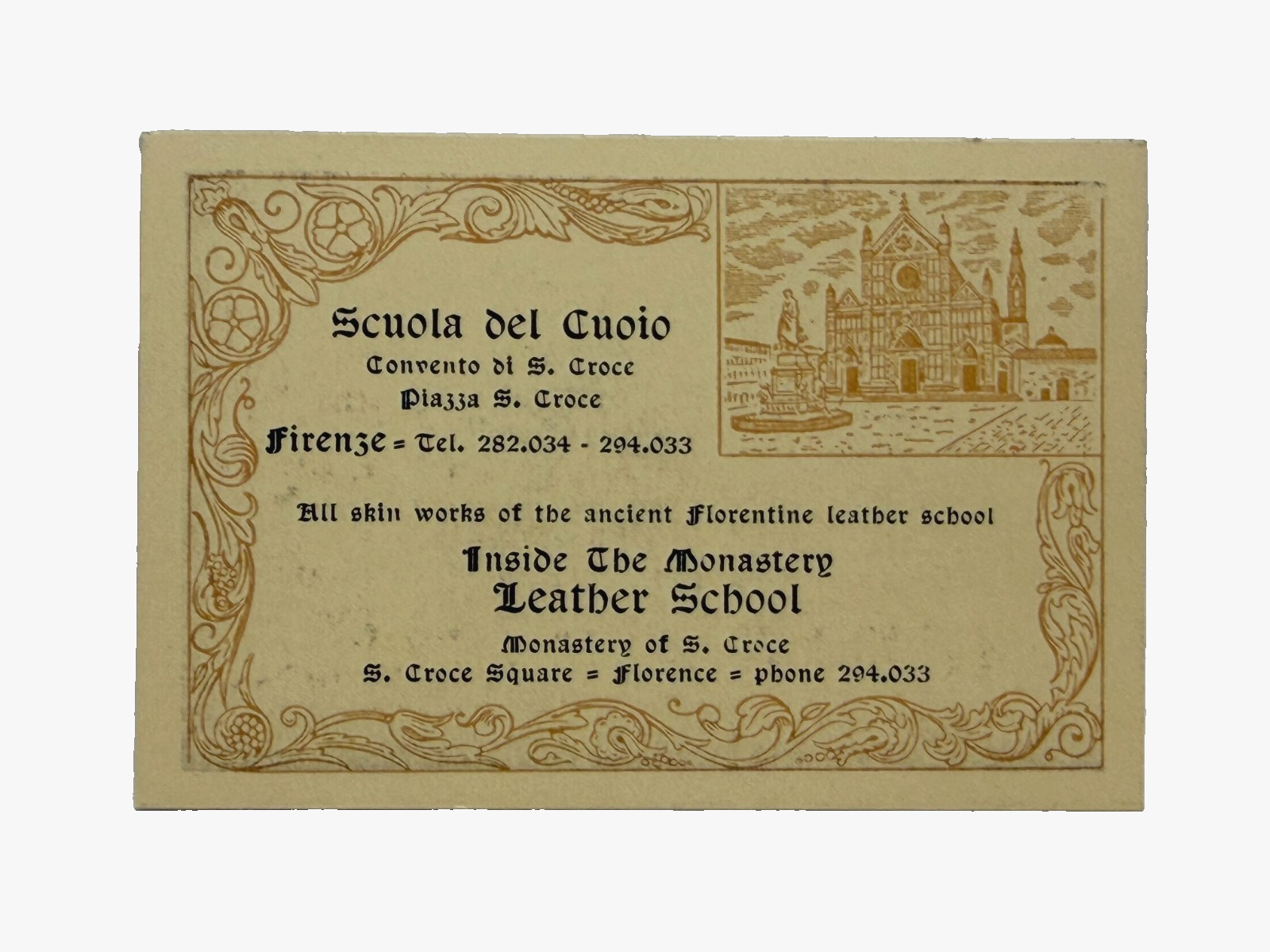 1920-1930’s MONASTERY LEATHER SCHOOL Florence Italy Business Card