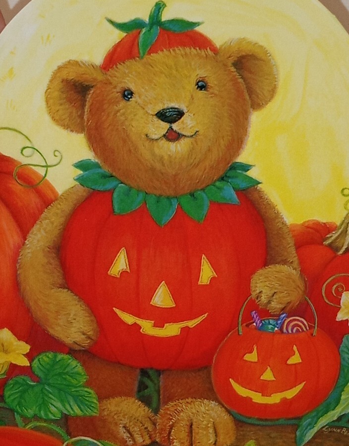 Halloween greeting card, teddy bear in Jack O’Lantern costume, 7 1/4″ used