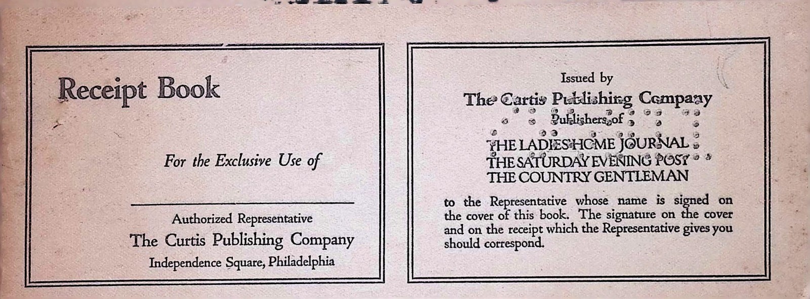 Curtis Publishing Co. Receipt Book c1910 Ladies Home Journal Sat Eve Post