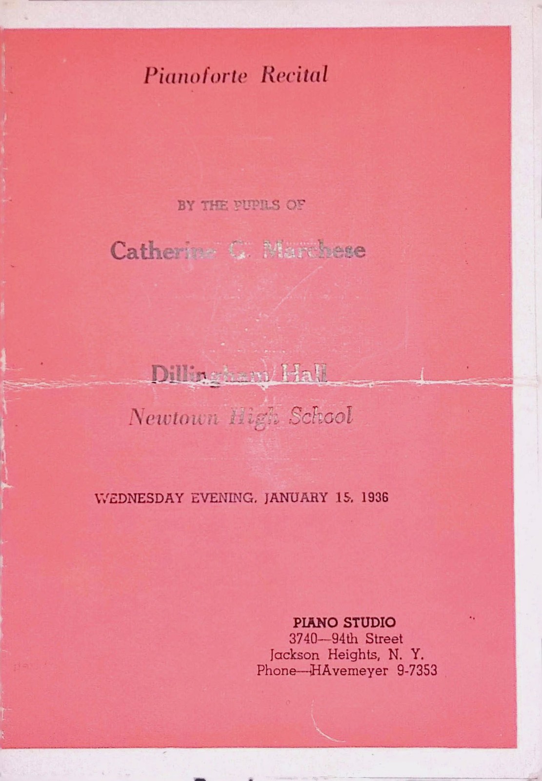 Catherine Marchese Piano Recital Program 1936 Newtown High School Queens NY