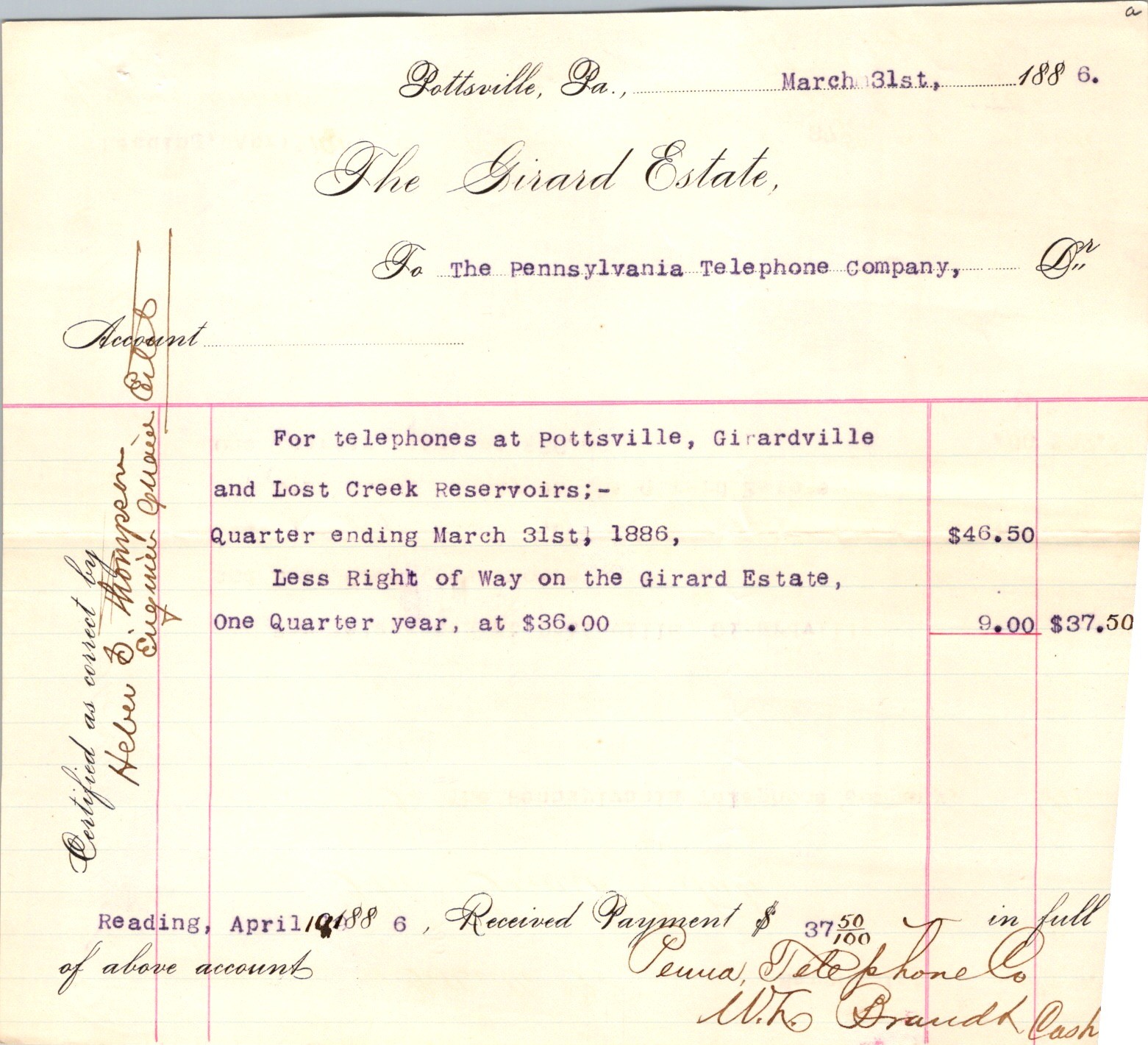 1886 Pennsylvania Telephone Company Invoice Girard Estate Pottsville Receipt