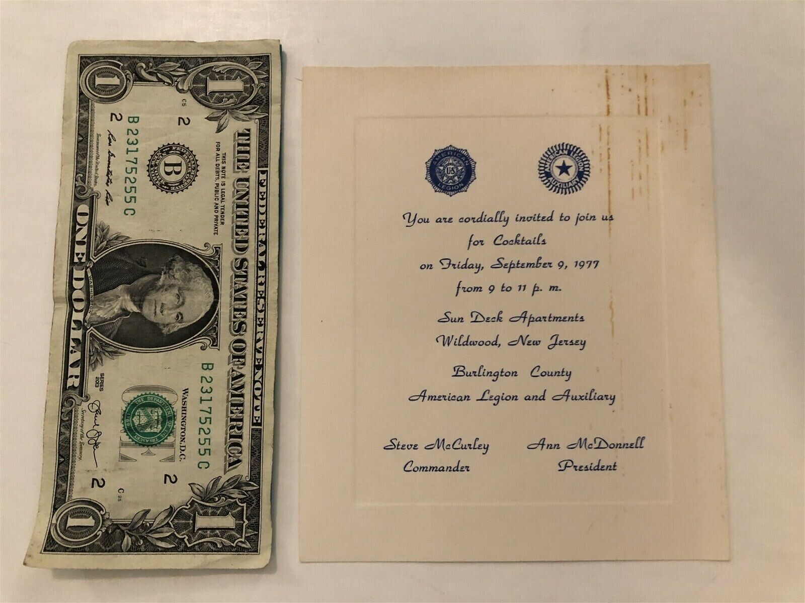 1977 Burlington County Cocktail Party Invitation Wildwood American Legion NJ Vtg