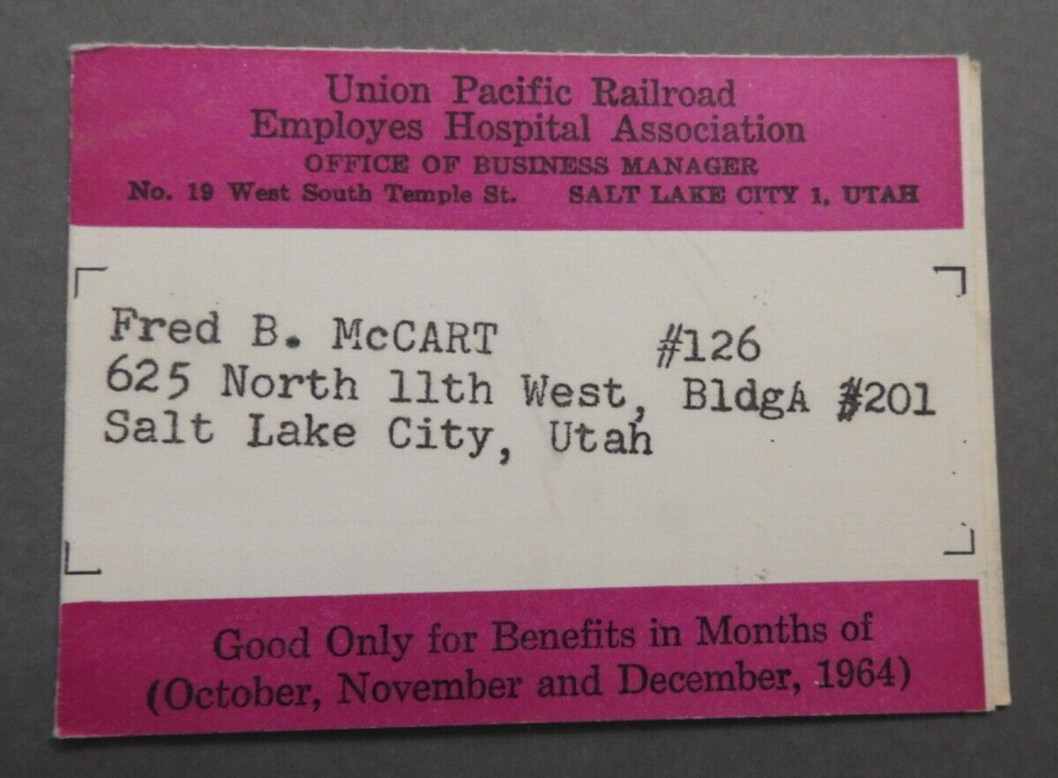 vintage 1964 Union Pacific railroad Employes Hospital Asso. card railroadiana