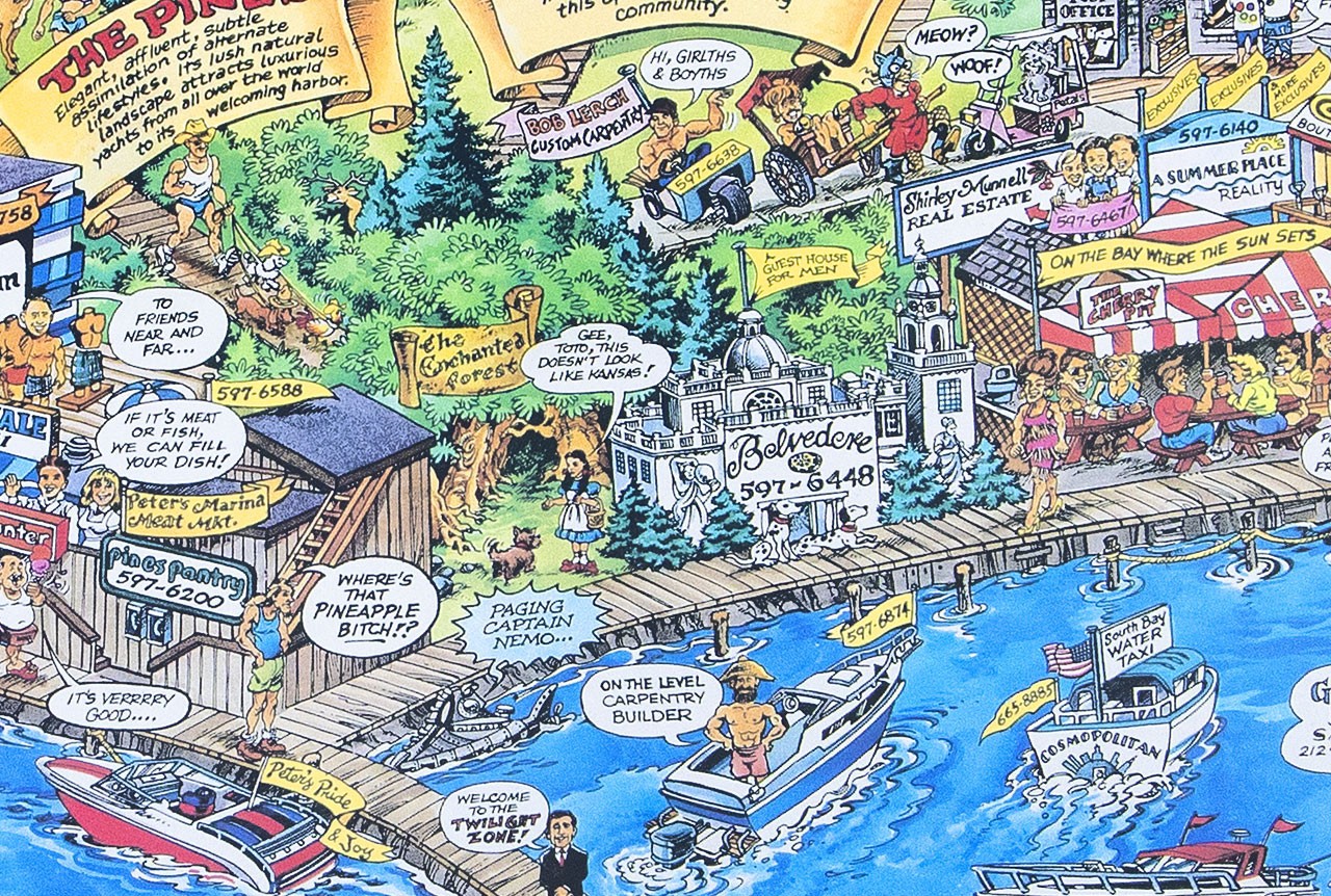 FIRE ISLAND EAST – CHERRY GROVE / PINES Long Island Illustrated Cartoon Map 1994