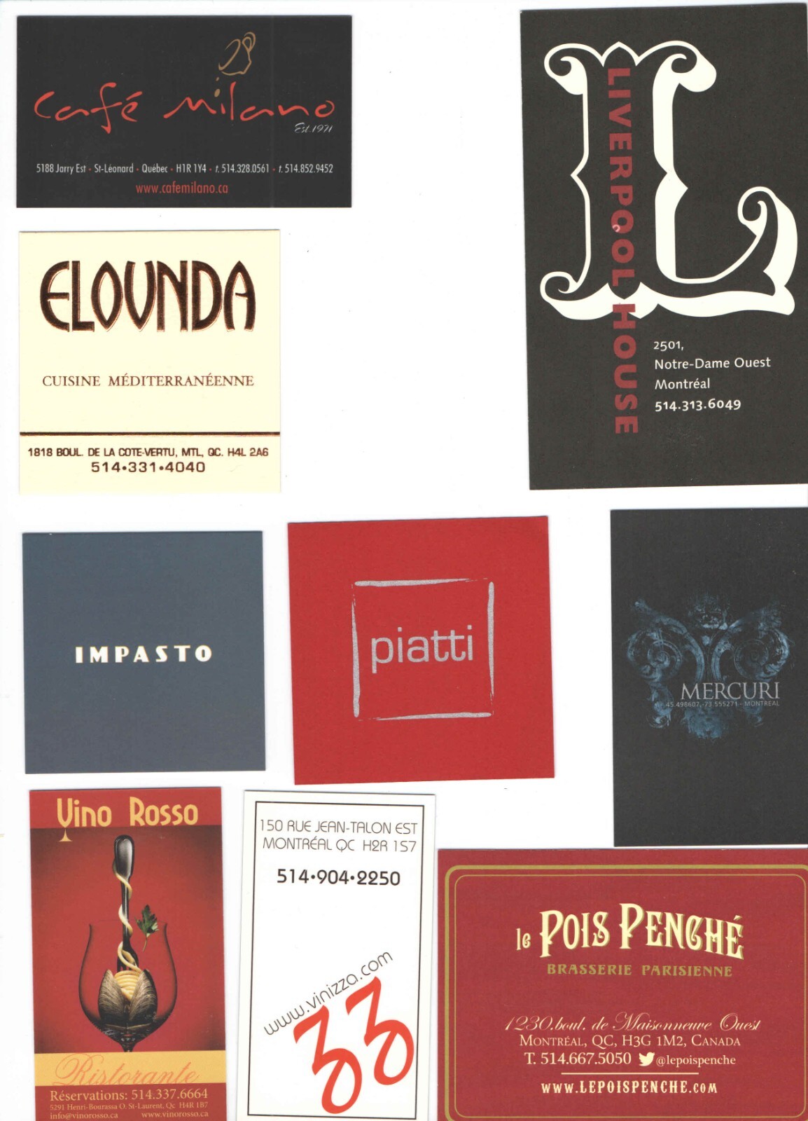 Montreal + AZ + FL + NV Restaurant Business Card Lot 50 different CARDS