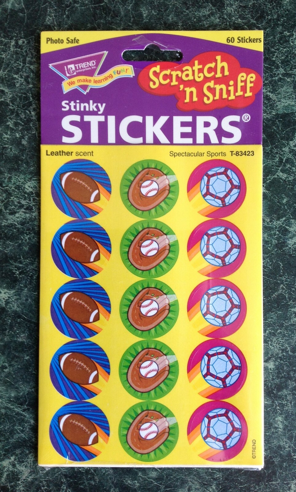 VTG Trend SCRATCH & SNIFF Stinky Stickers 4 Sheet Pack Sports LEATHER Scent NIP