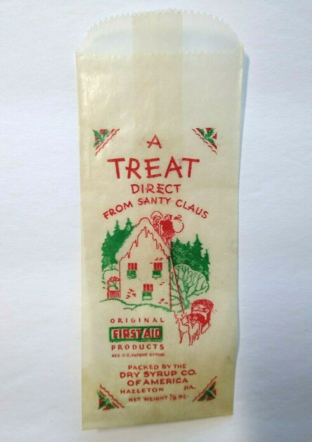 Santa Claus Christmas Treat Bag Glassine Give Away Candy Small Toy 1940s Vintage
