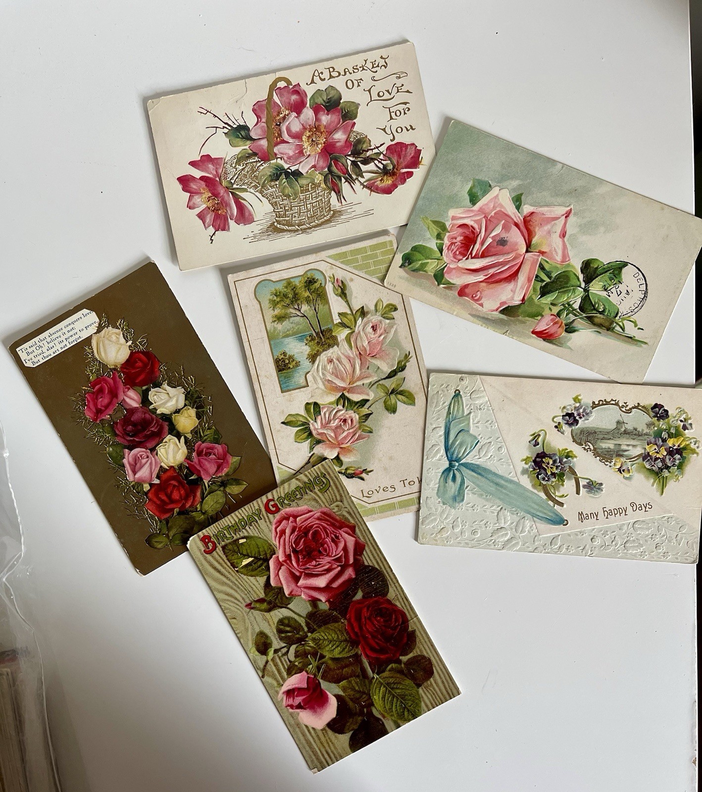 6 Vintage Antique Early 1900’s Floral Postcards Used Condition 5 With Stamps