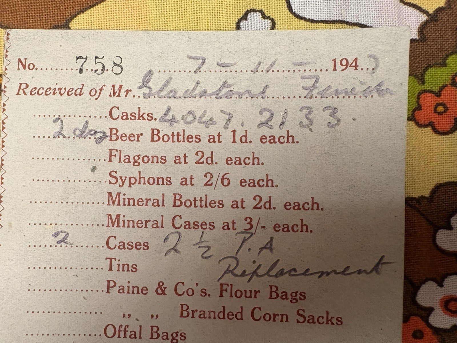 ‘Carman’s’ Receipts, 1940s Brewery Bottle Collection, Northamptonshire Area