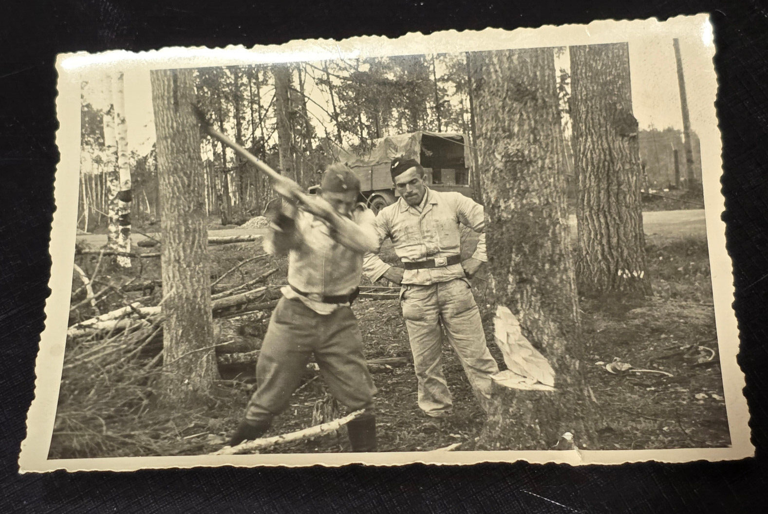 TIMBER! LUFTWAFFE SOLDIER CHOPS DOWN TREE WW2 WWII German Wartime Military Photo