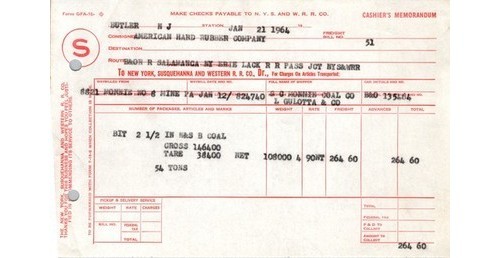 NY S & W RR Coal Shipment Memo 1964 NJ to NY Railroadiana Ephemera Butler NJ