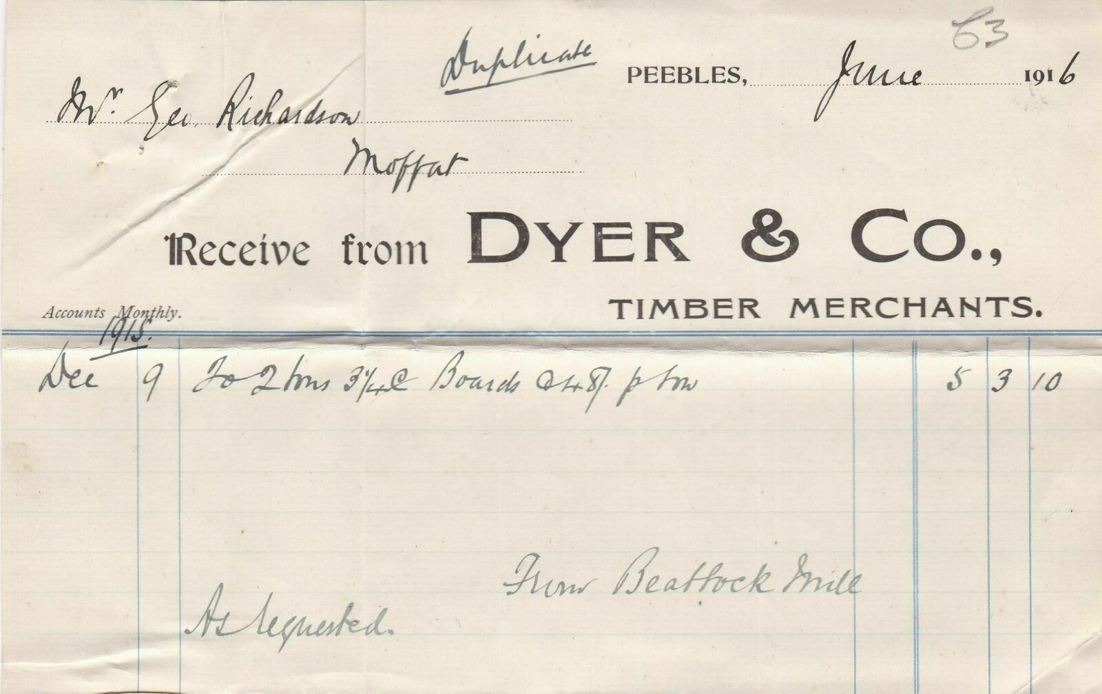 Dyer & Co. Peebles 1916 Timber Merchants Boards Frm Beattock Mill Receipt 41238