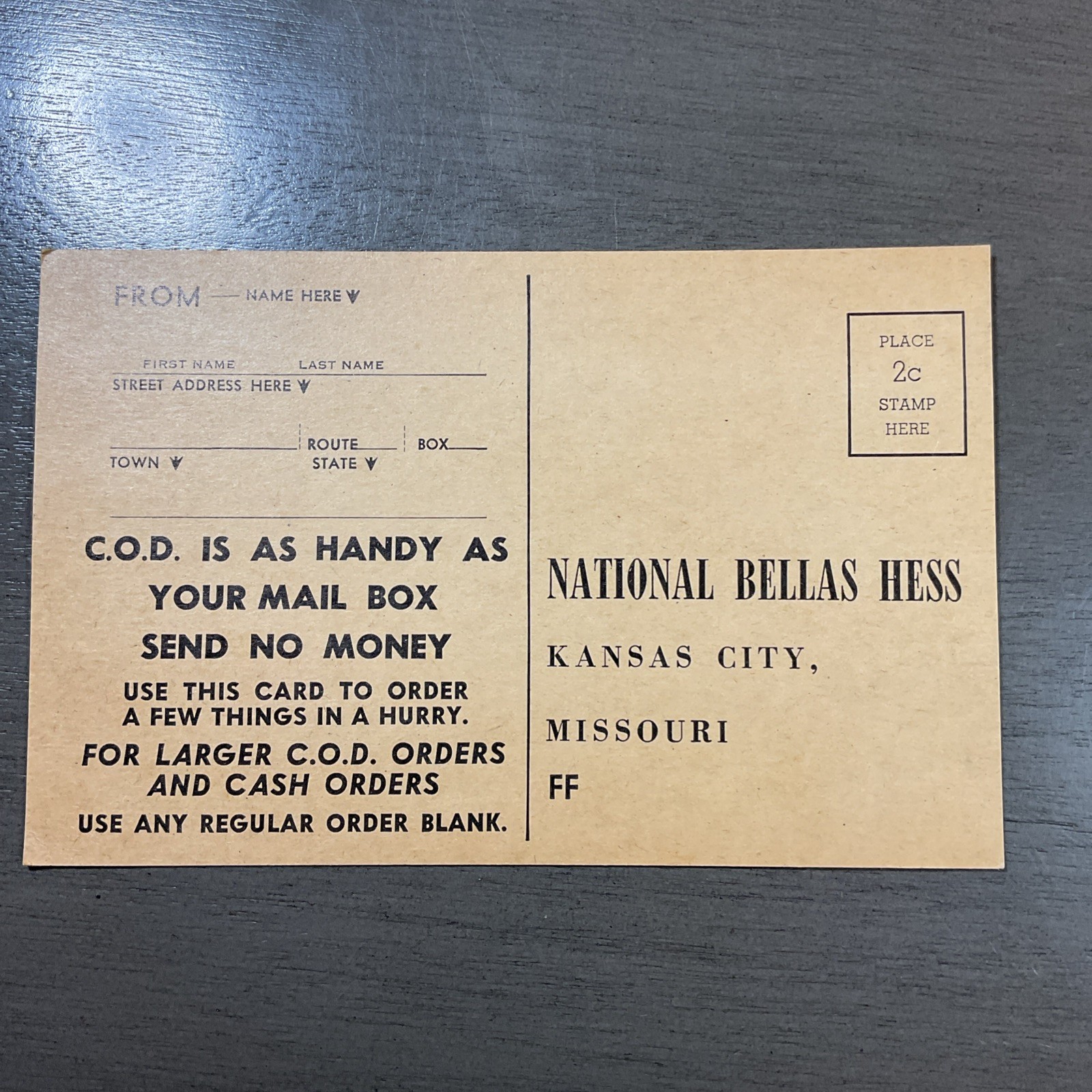 Vintage National Bellas Hess Clothing Order Postcard Kansas City Missouri B43