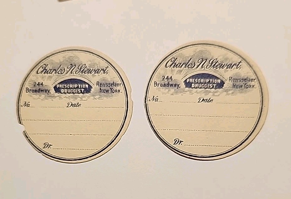 Rjkstamps VINTAGE Charles Stewart PHARMACY DRUG STORE Labels Rensselear, NY.