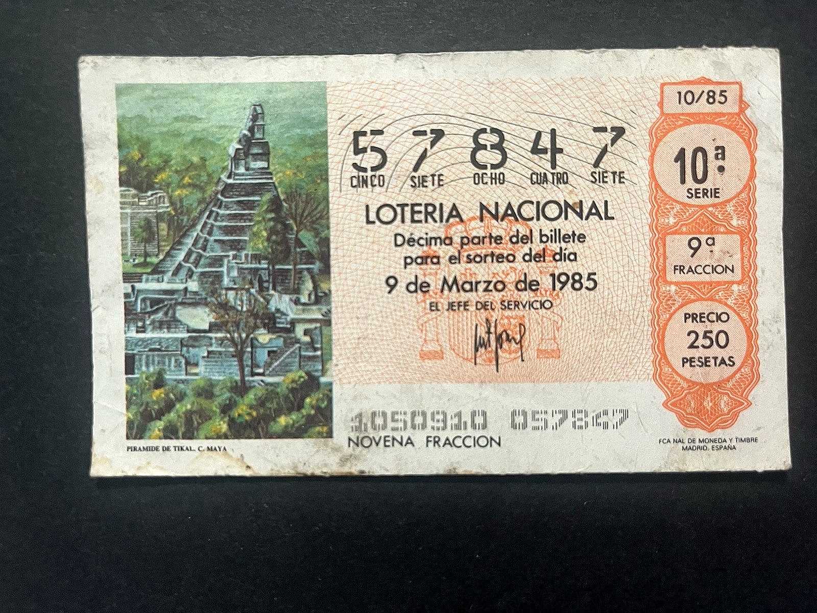 Vintage 1985 España Loteria Nacional Madrid Spain LOTTERY Ticket #57847 Ephemera