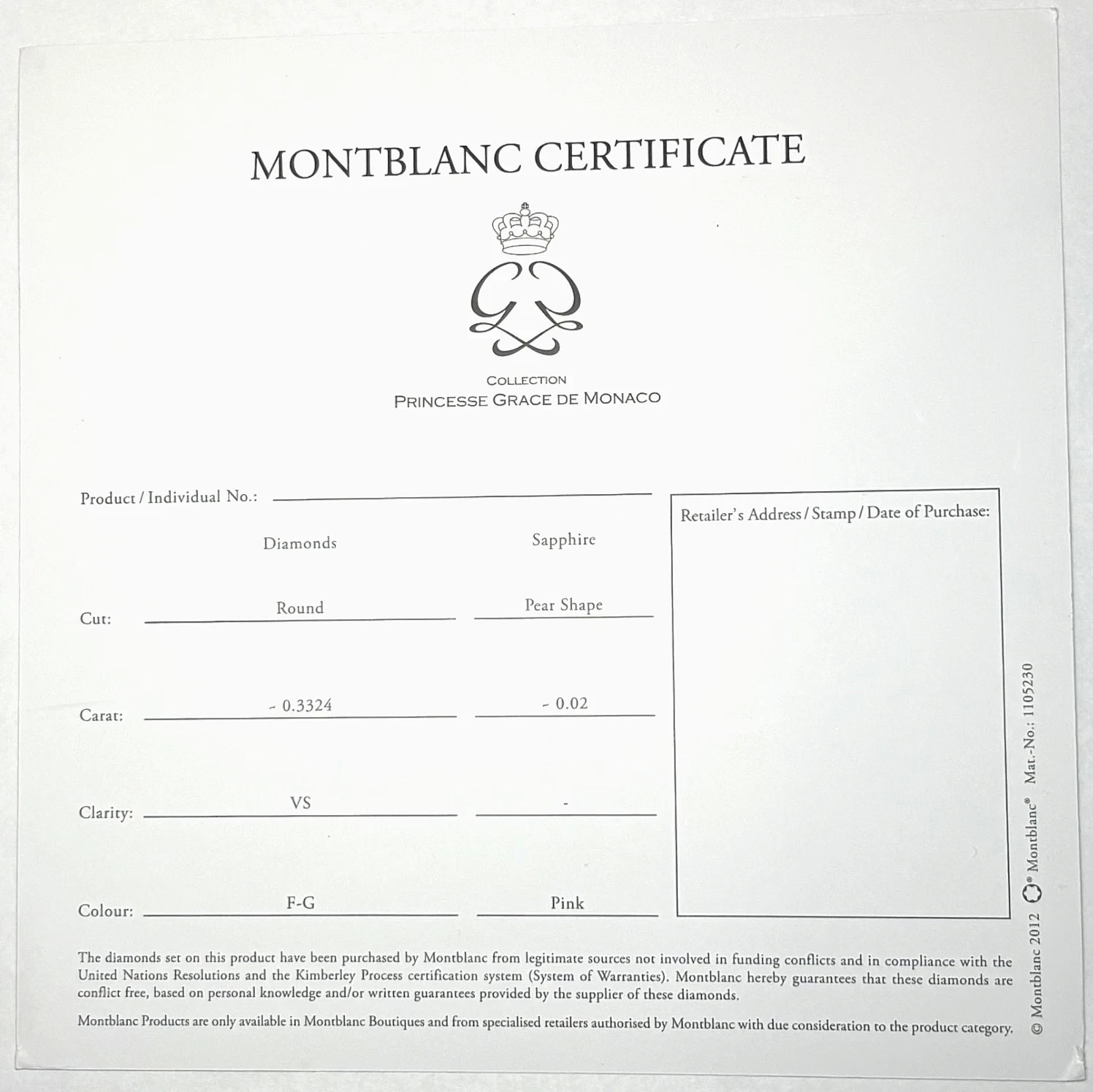 MontBlanc Princesse Grace de Monaco Swiss Warranty Certificate International