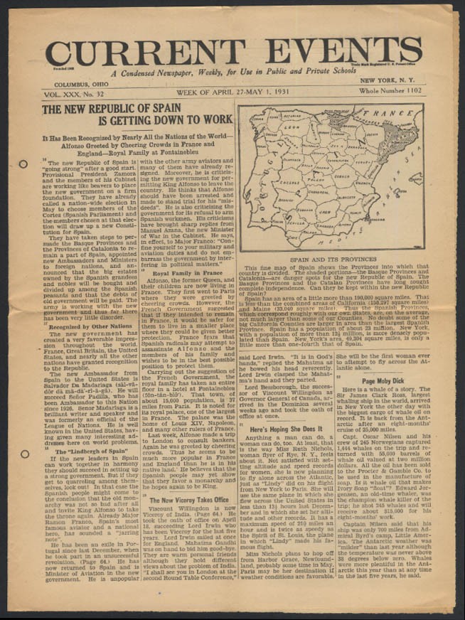 CURRENT EVENTS School Newspaper 4/27 1931 republic of Spain; Whaling