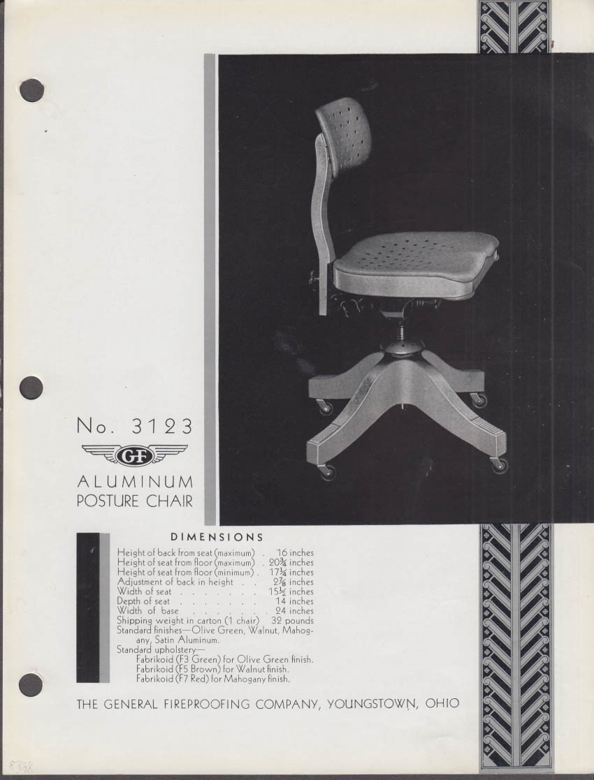 General Fireproofing sell sheet 1936 #3123 Aluminum Posture Chair