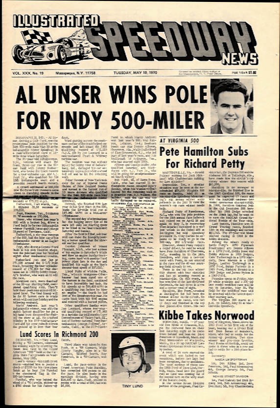 ILLUSTRATED SPEEDWAY NEWS 5/19 1970 Unser Indy 500 pole; Lund Richmond 200