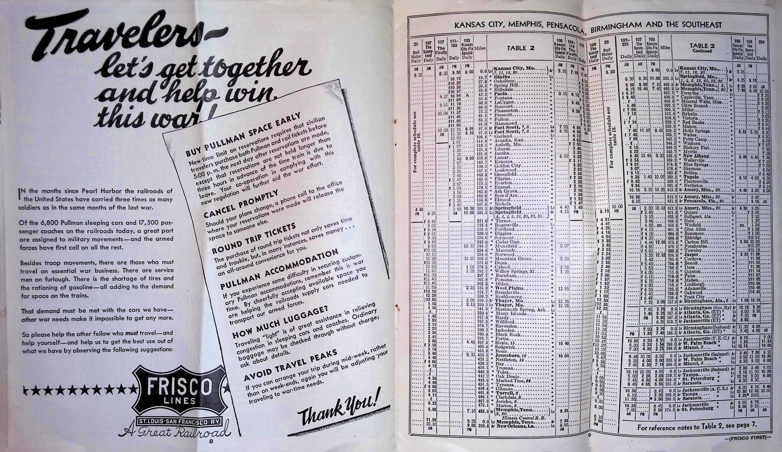 1942 Frisco Lines Passenger Timetable Wartime V For Victory Cover Railroadiana