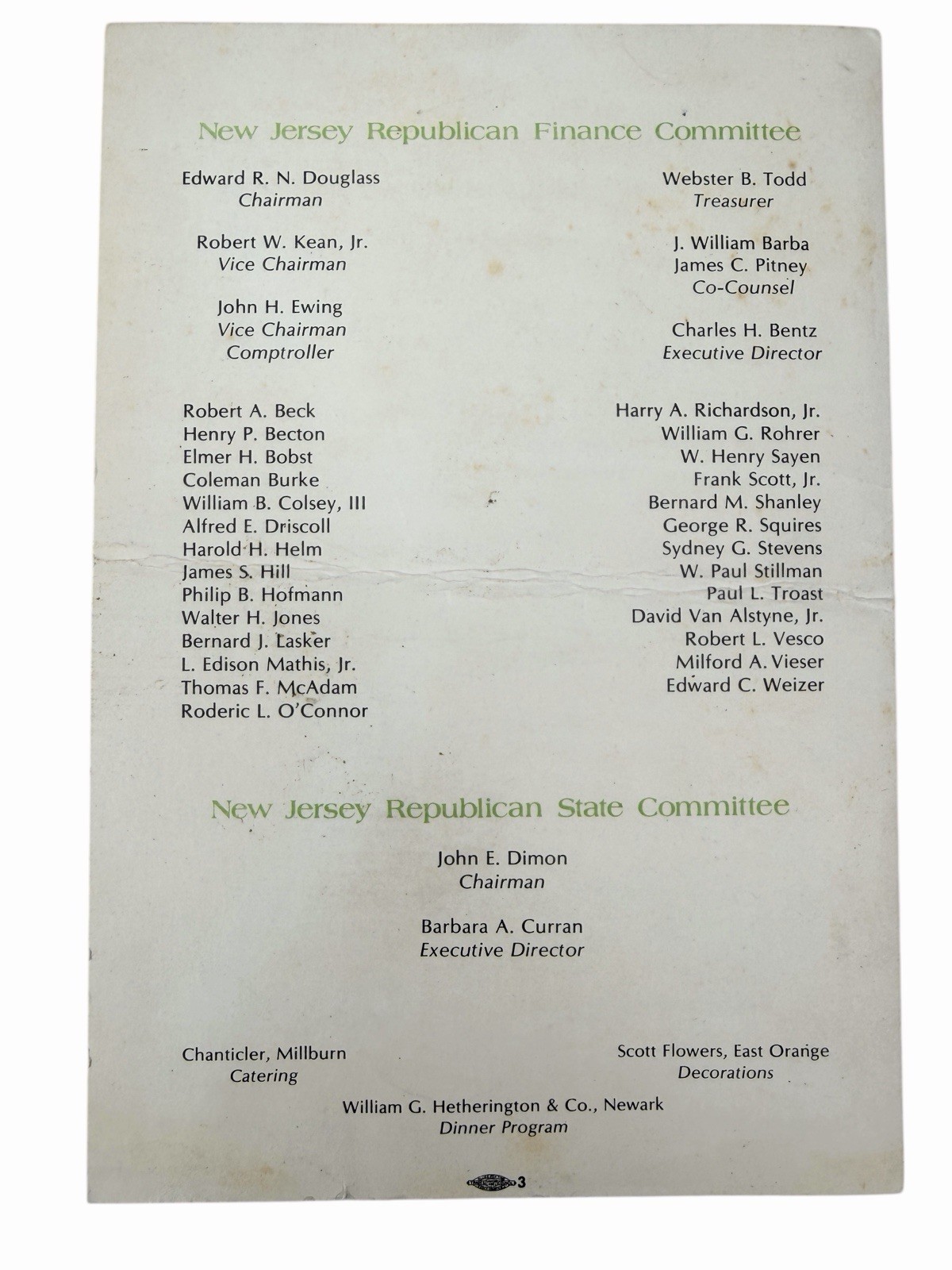 1974 NJ Republican Committee VICE PRESIDENT SPIRO AGNEW Dinner Program Menu