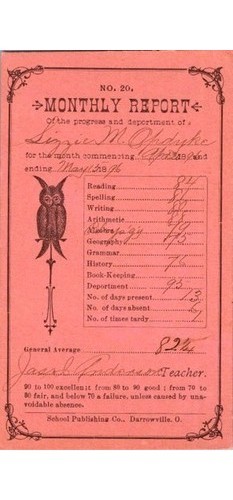 1886 School Report Card Darrowville Ohio Student Name J.C. Eells 19th Century