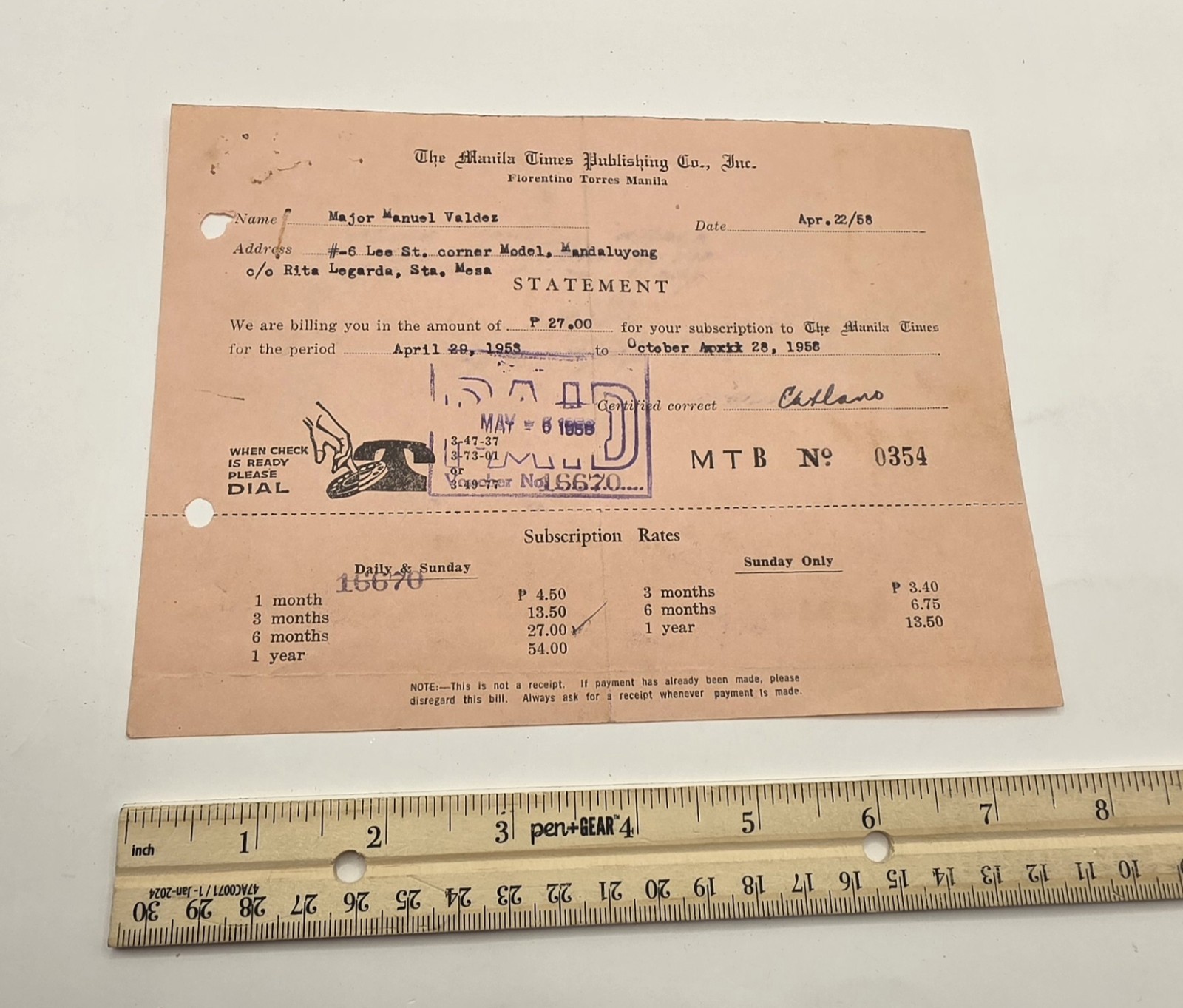 1958 The Manila Times Publishing Company Inc., Subscription Billing Statement.