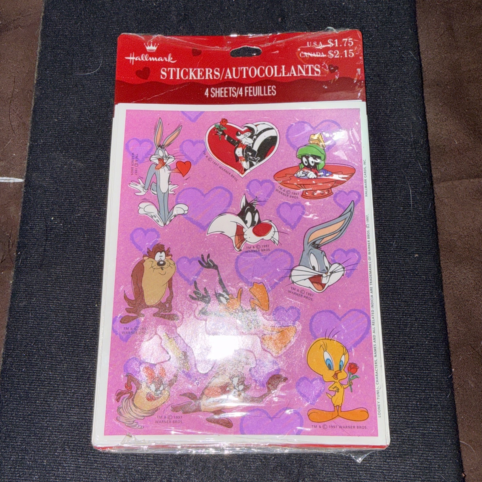 Vtg 1997 Hallmark Valentine Stickers Looney Tunes TAZ PEPE TWITTY 4 Sheets NOS
