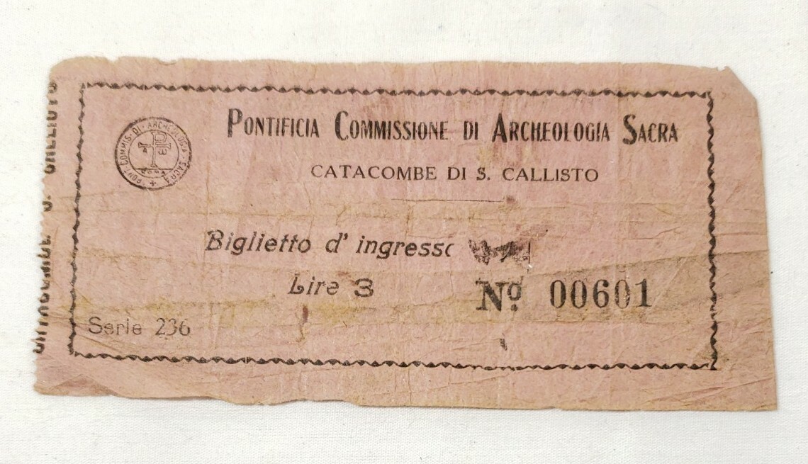 Antique Crepe Paper Ticket for the Catacombs of San Callisto in Rome Italy