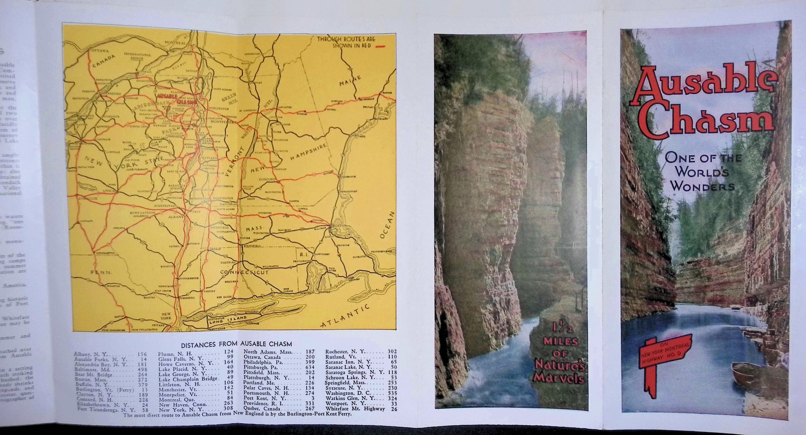 Ausable Chasm NY c1910s Auto Route Map Pulpit Rock Ad Brochure Flume
