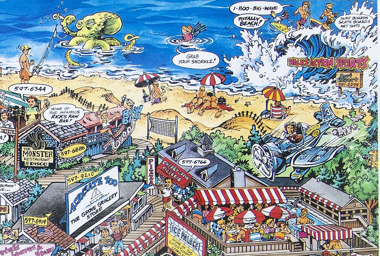 FIRE ISLAND EAST – CHERRY GROVE / PINES Long Island Illustrated Cartoon Map 1994