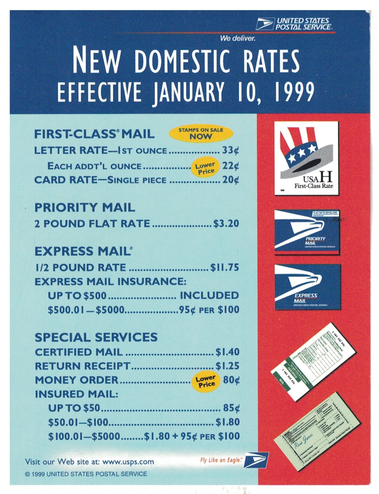 United States Postal Service January 10, 1999 New Domestic Rates Postcard