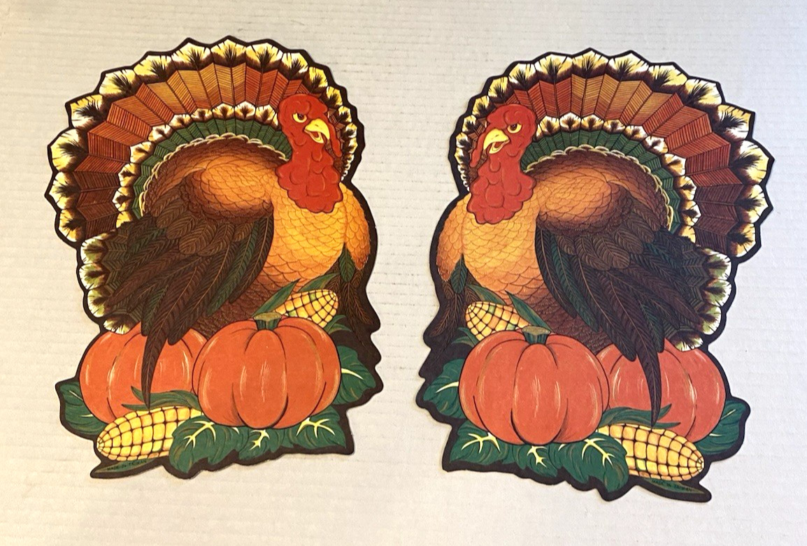 Vintage Die Cut Thanksgiving Turkey Card Decor Fall 12″x8″ Pumpkins Corn 2 Cards