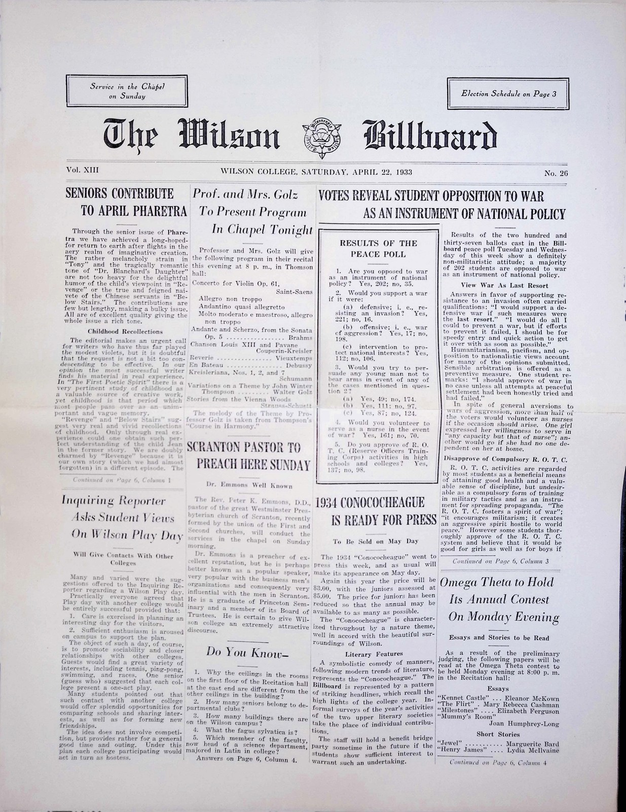 Wilson Billboard Vol 1 #12 NC 1900s Chapel Service Election Schedule Ad