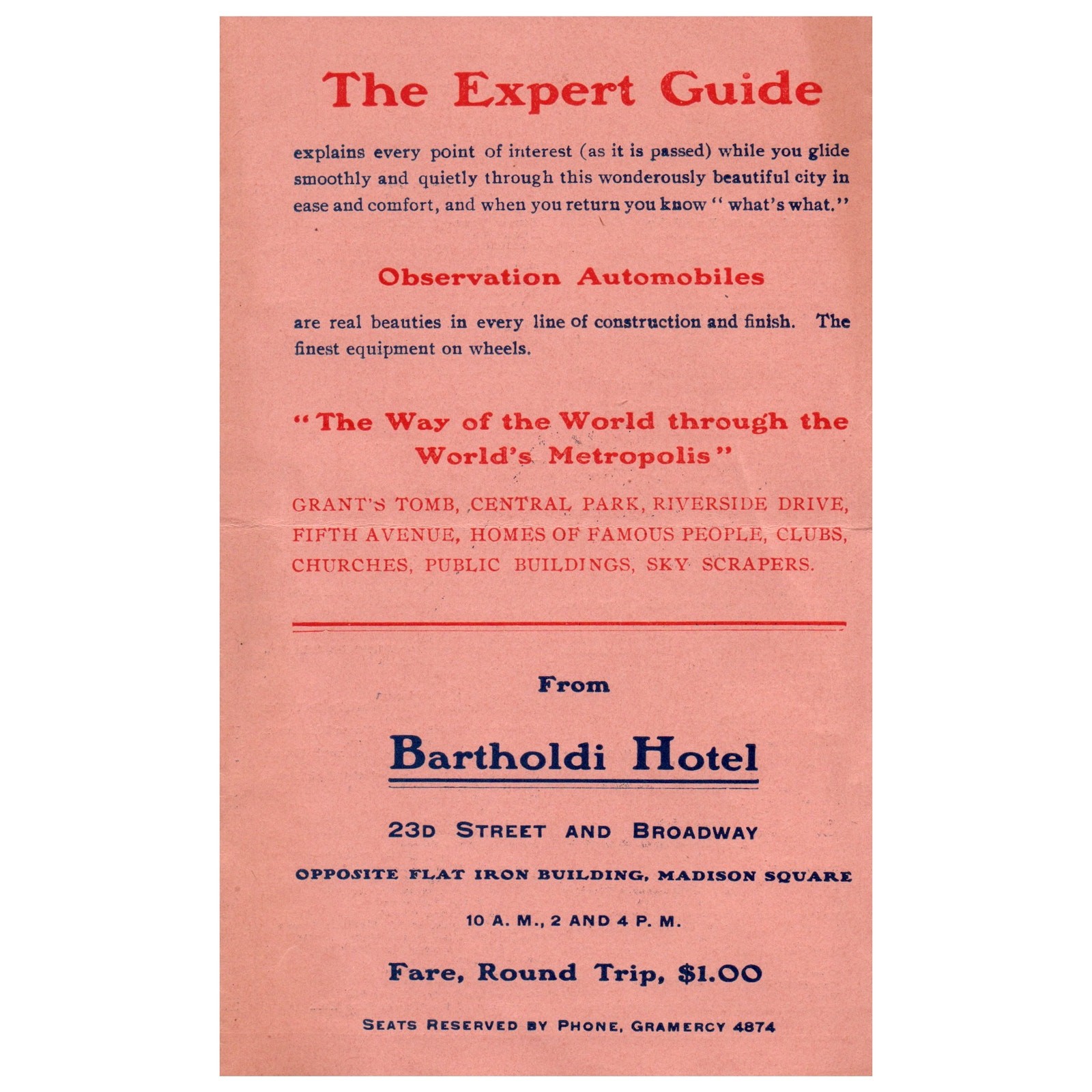 Antique Travel Brochure – Observation Automobiles Bartholdi Hotel Manhattan AD8