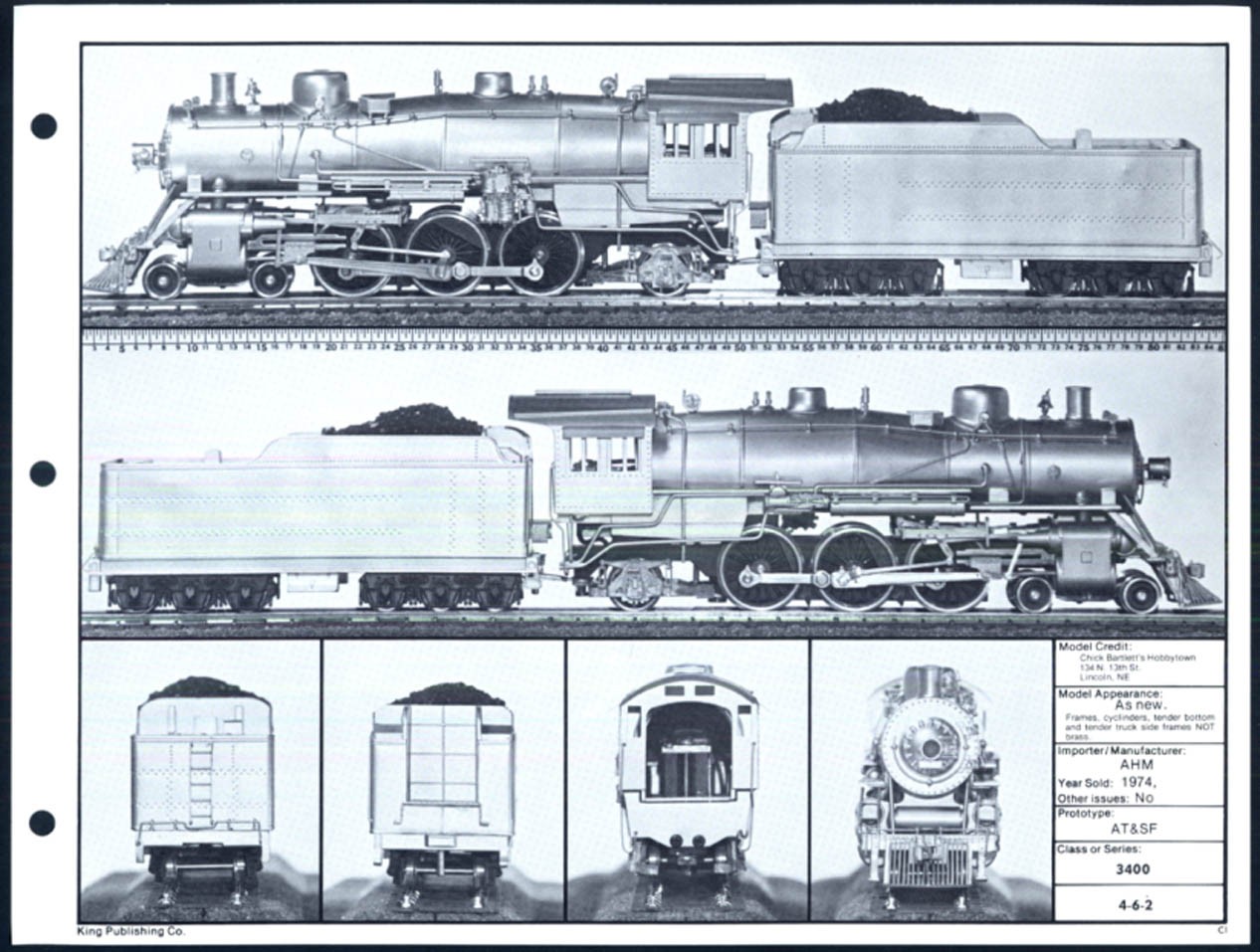AT&SF RR AHM HO 4-6-2 Class 3400 brass locomotive sell sheet 1974