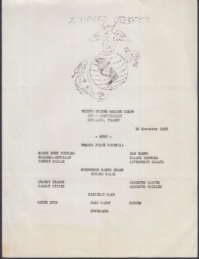United States Marine Corps 183rd Anniversary Menu Istanbul Turkey 11/10 1958