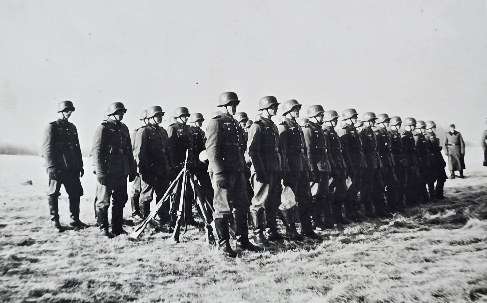 WW2 WWII German Photo Steel Helmet Soldiers Lined Up Inspection Field Exercise