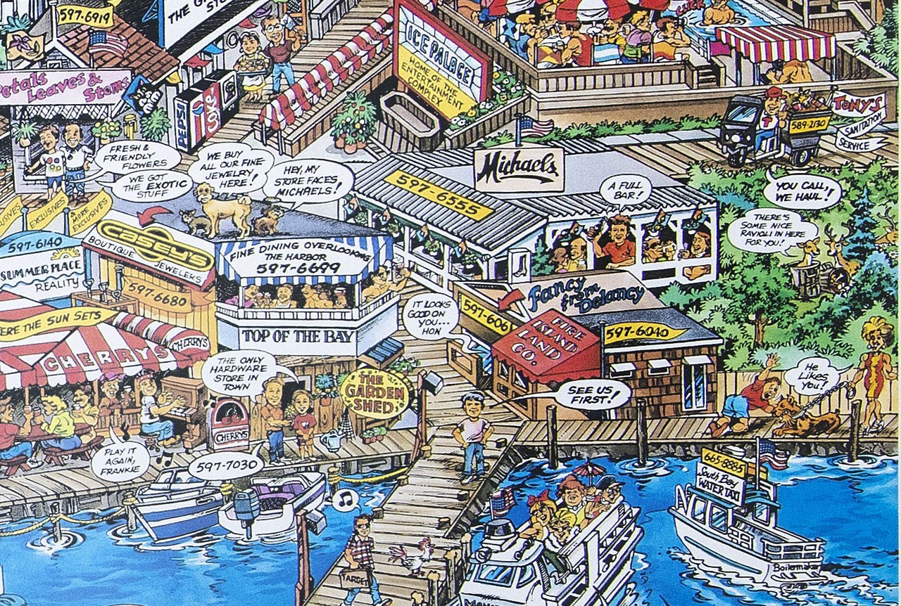 FIRE ISLAND EAST – CHERRY GROVE / PINES Long Island Illustrated Cartoon Map 1994