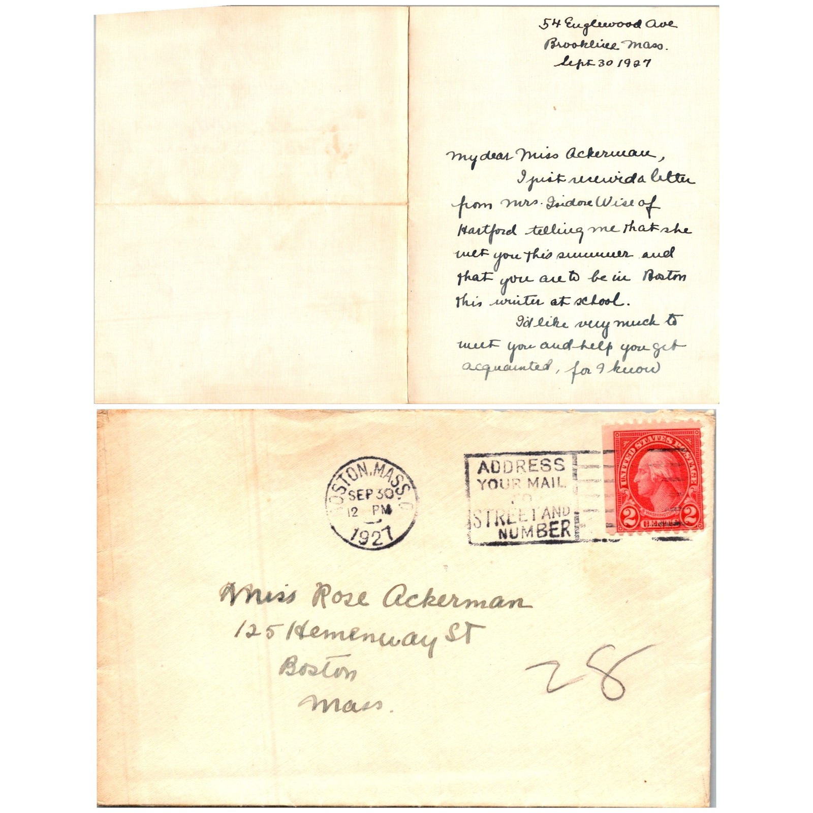 1927 MS Letter & Envelope Nanette Gutman to Rose Ackerman Boston MA Student