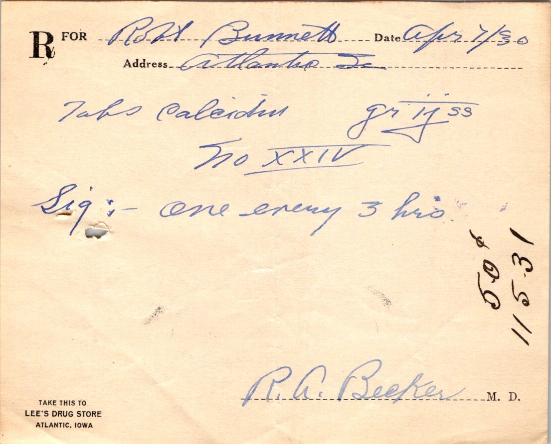 Lee’s Drug Store Atlantic IA Rx Slip c1910s Pharmacy Beige Paper