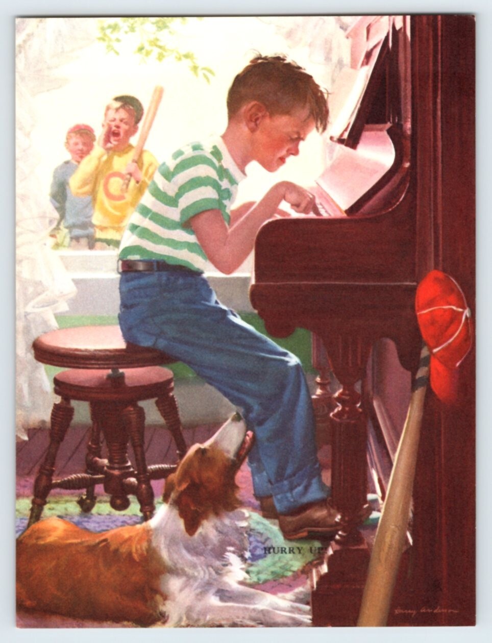 BOY PRACTISING ON PIANO “HURRY UP” BROWN & BIGELOW 4.5″x6″ ART PRINT 1950’s M562