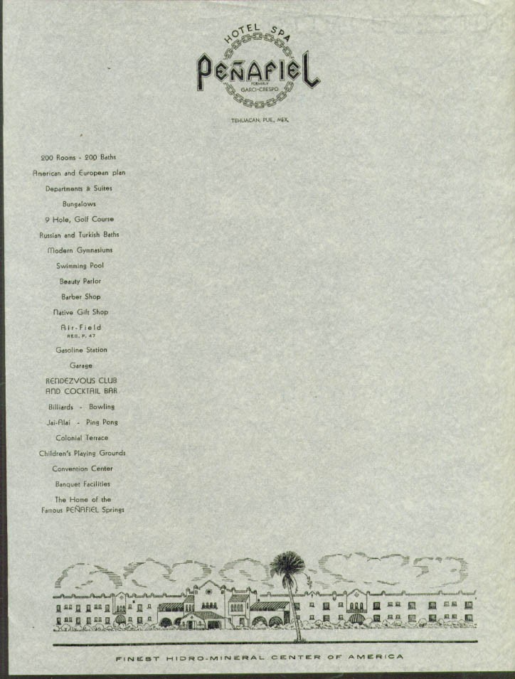Penafiel Hotel Spa Tehuacan Mexico letterhead 1940s