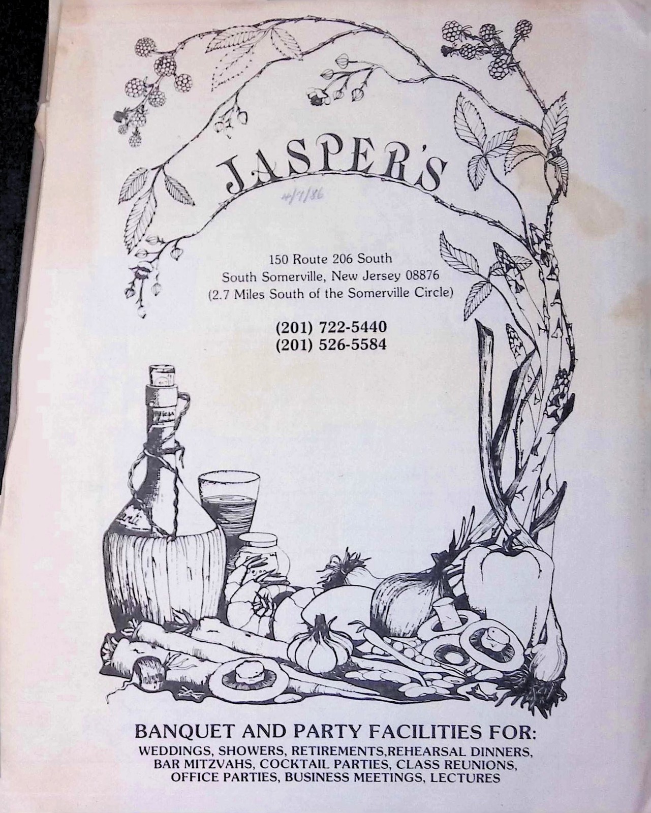 1970s Jasper’s Restaurant Menu Bi-Fold Continental American Cuisine Veal Pasta