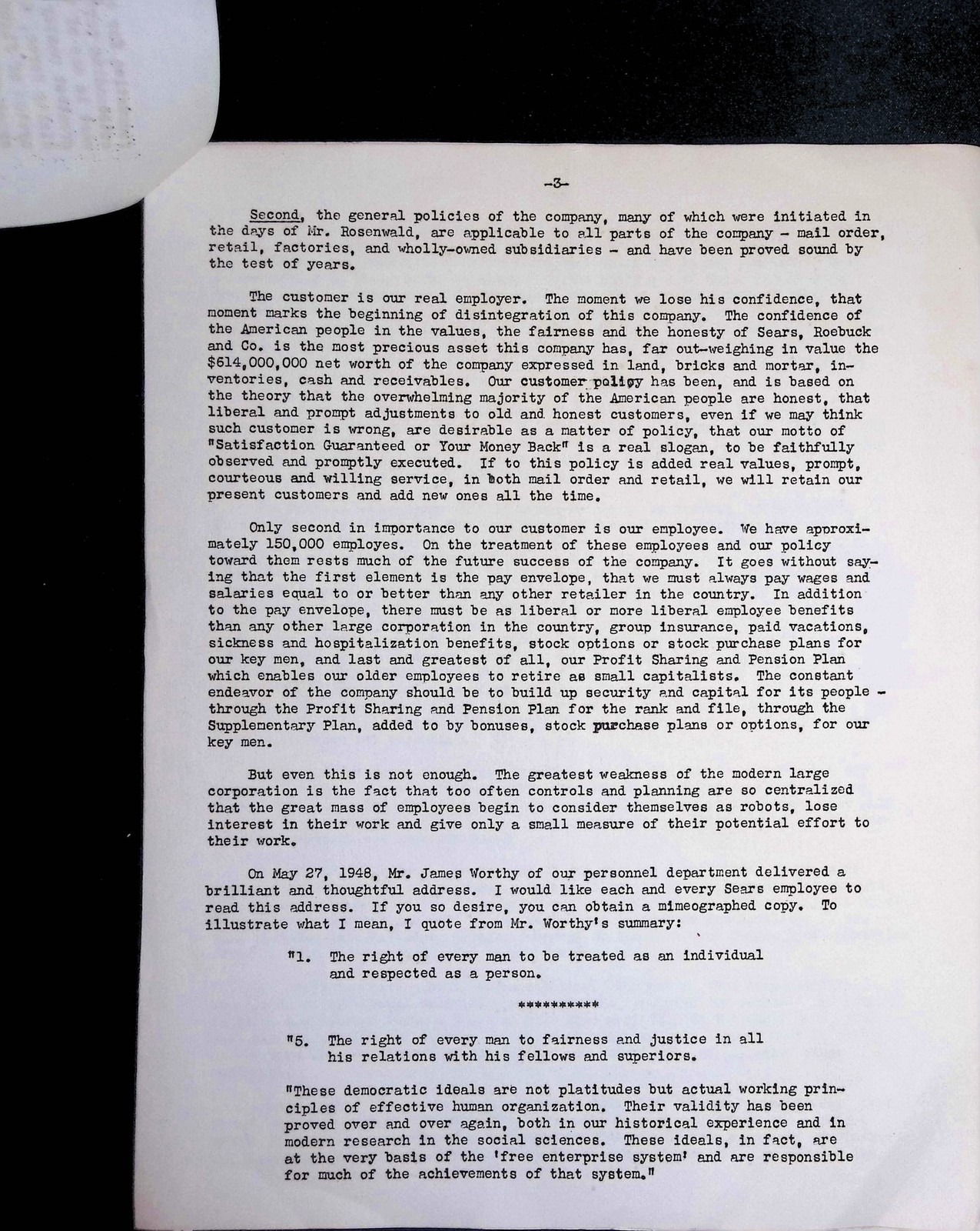 Sears Roebuck 1950s Corp Philosophy Rosenwald Policy 3pg Typed Memo Net Worth