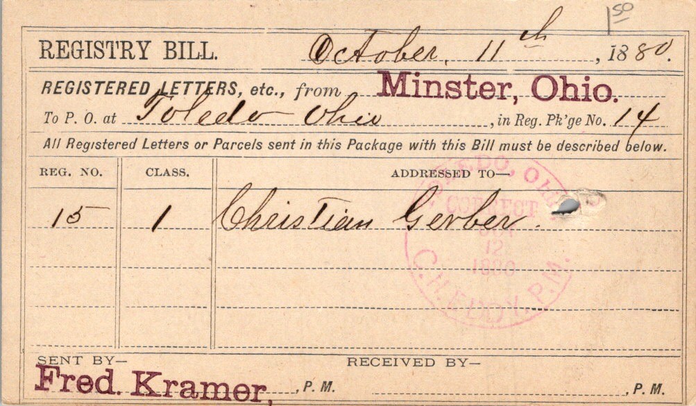19th Century U.S. Registry Bill 1880 Minster & Toledo Christian Gerber Postmark
