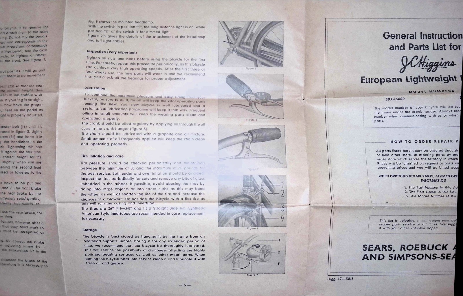 J.C. Higgins Sears Bicycle Parts List Manual c1960s Exploded View Sears Roebuck