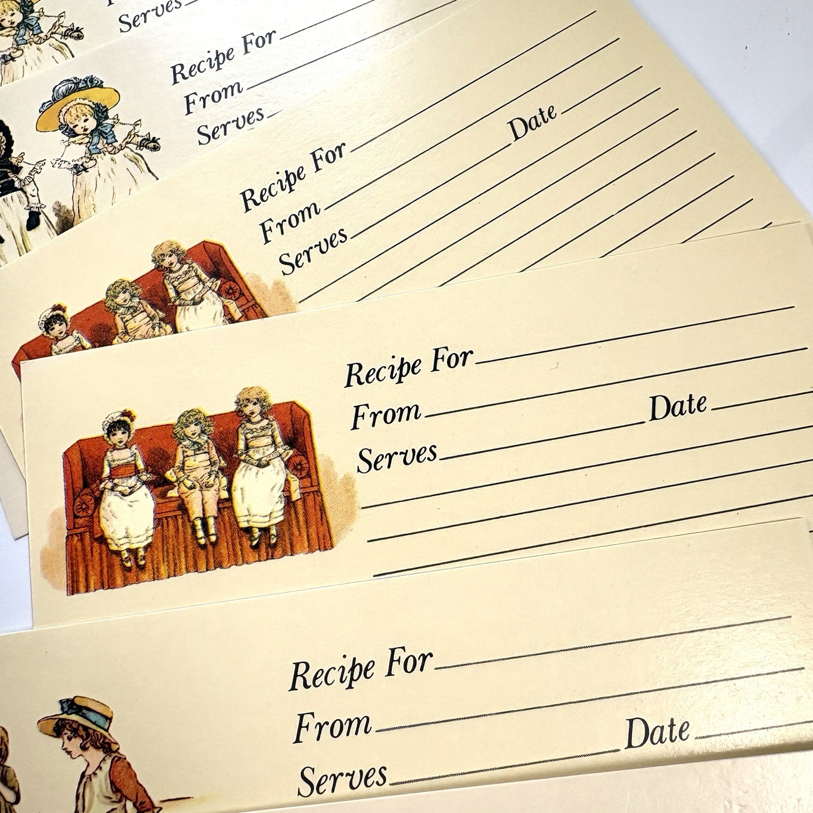 Vtg Recipe Cards Lot 10 pcs Lined Index Size Little Old Fashioned Girls Bonnets