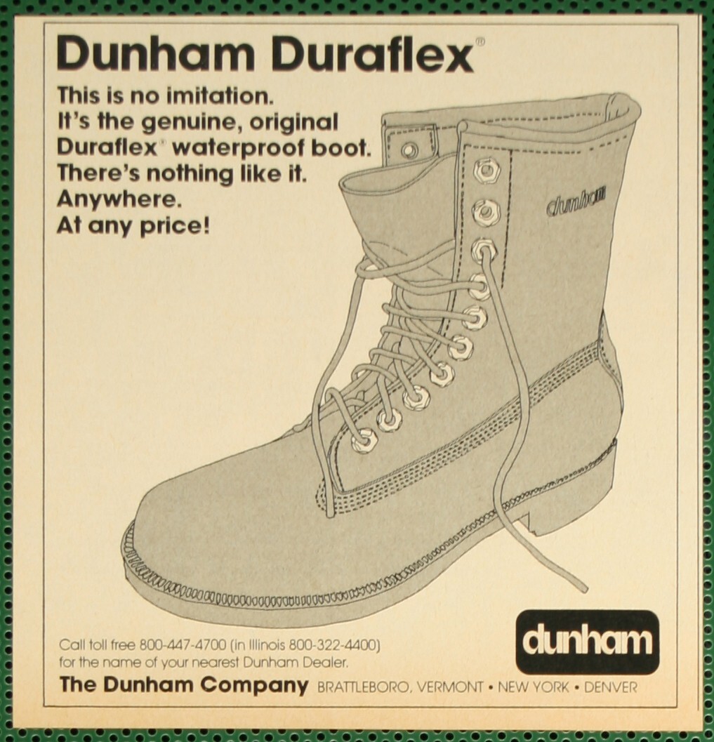 Dunham Duraflex Waterproof Boots Brattleboro VT Vintage Print Ad 1976